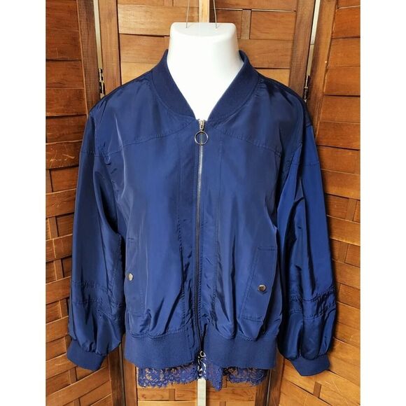 Laundry by Shelli Segal New Casual Lace-Trim Bomber Jacket Midnight Blue Size 14 - Picture 3 of 7